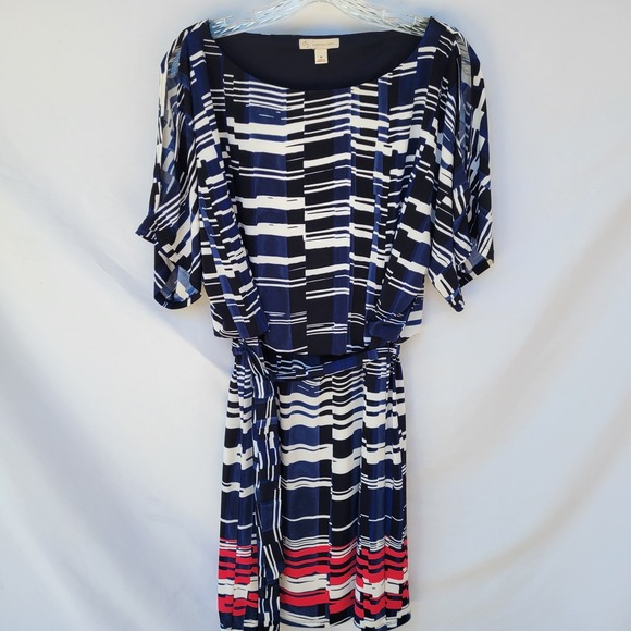 Dressbarn Black‎ White Blue Red Striped Cold Shoulder Elastic Waist Dress M - Picture 1 of 7
